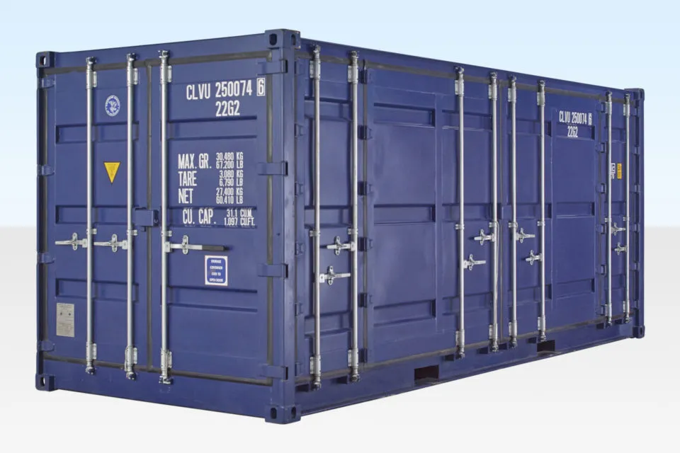 Side View of New 20ft Full Side Access Shipping Container. All Doors Closed.