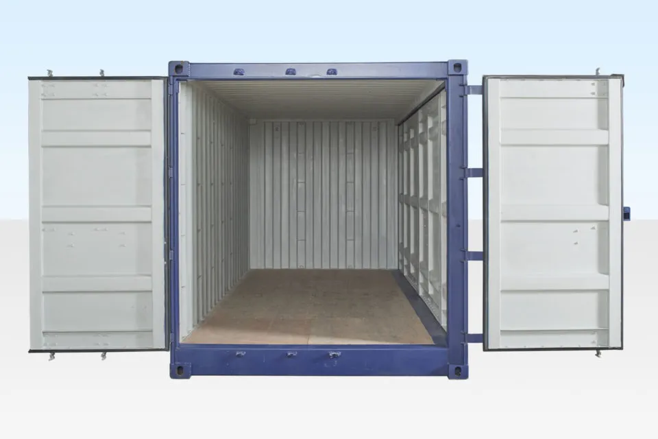 New 20ft Open Side Access Shipping Container. End Doors Open. Side Doors Closed.