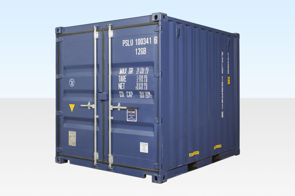 10ft Shipping Container. New. Blue RAL5013. Exterior View.