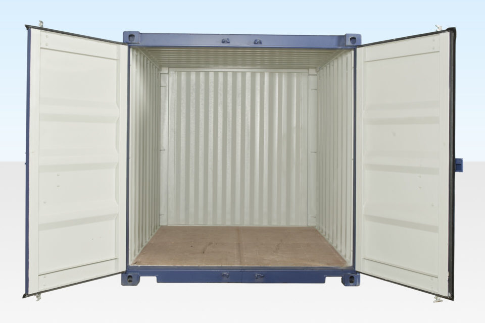 New 10ft Shipping Container. End View. Doors Open.