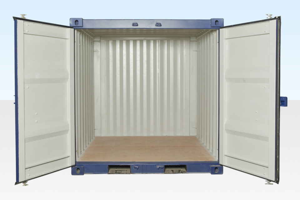 New 8ft Shipping Container. End View. Doors Open.
