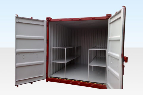 Chemical Storage Container. 10ft x 8ft. Doors Open showing Internal Shelving.