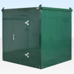 Fully assembled flat pack cabin with door closed