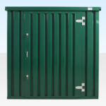 4m Green Powder Coated Flat Pack Store. Front View.