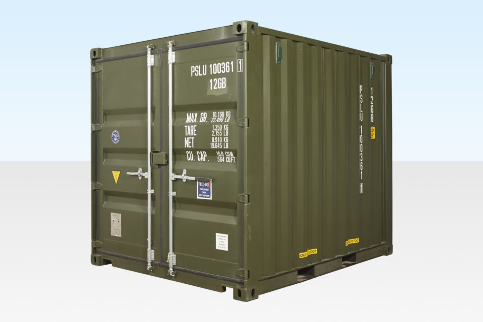 New 10ft Dark Green Shipping Container. External View.