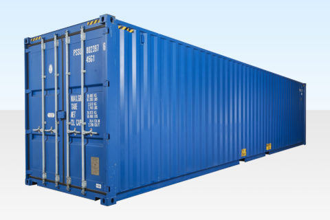 40ft High Cube Shipping Container. New. Blue RAL5013. Exterior View. Doors Closed.