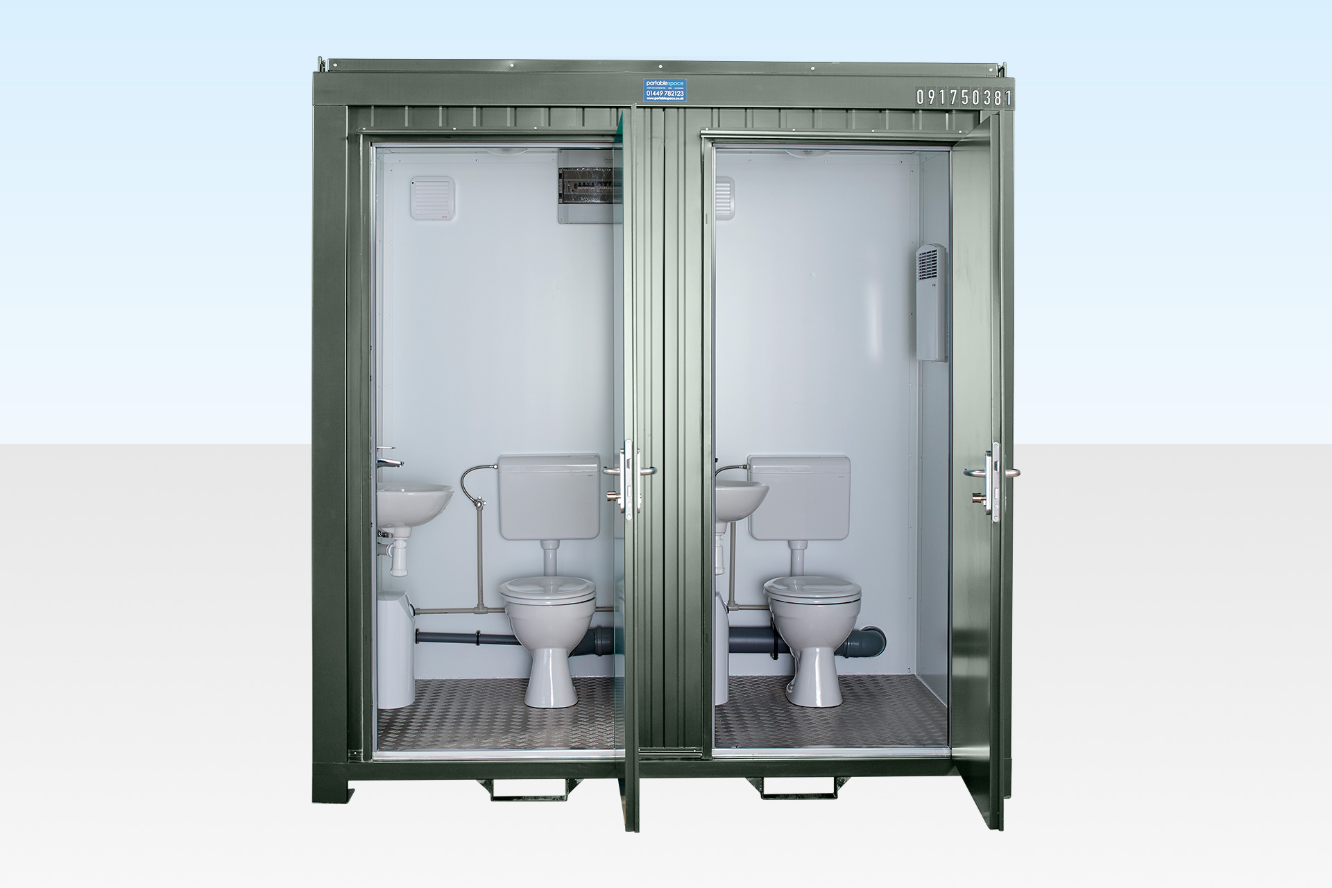 Double-Toilet-ral6007-open Site Toilets for Sale - Double Mains (RAL 6007)