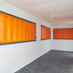 Interior of container cafe with shutters closed