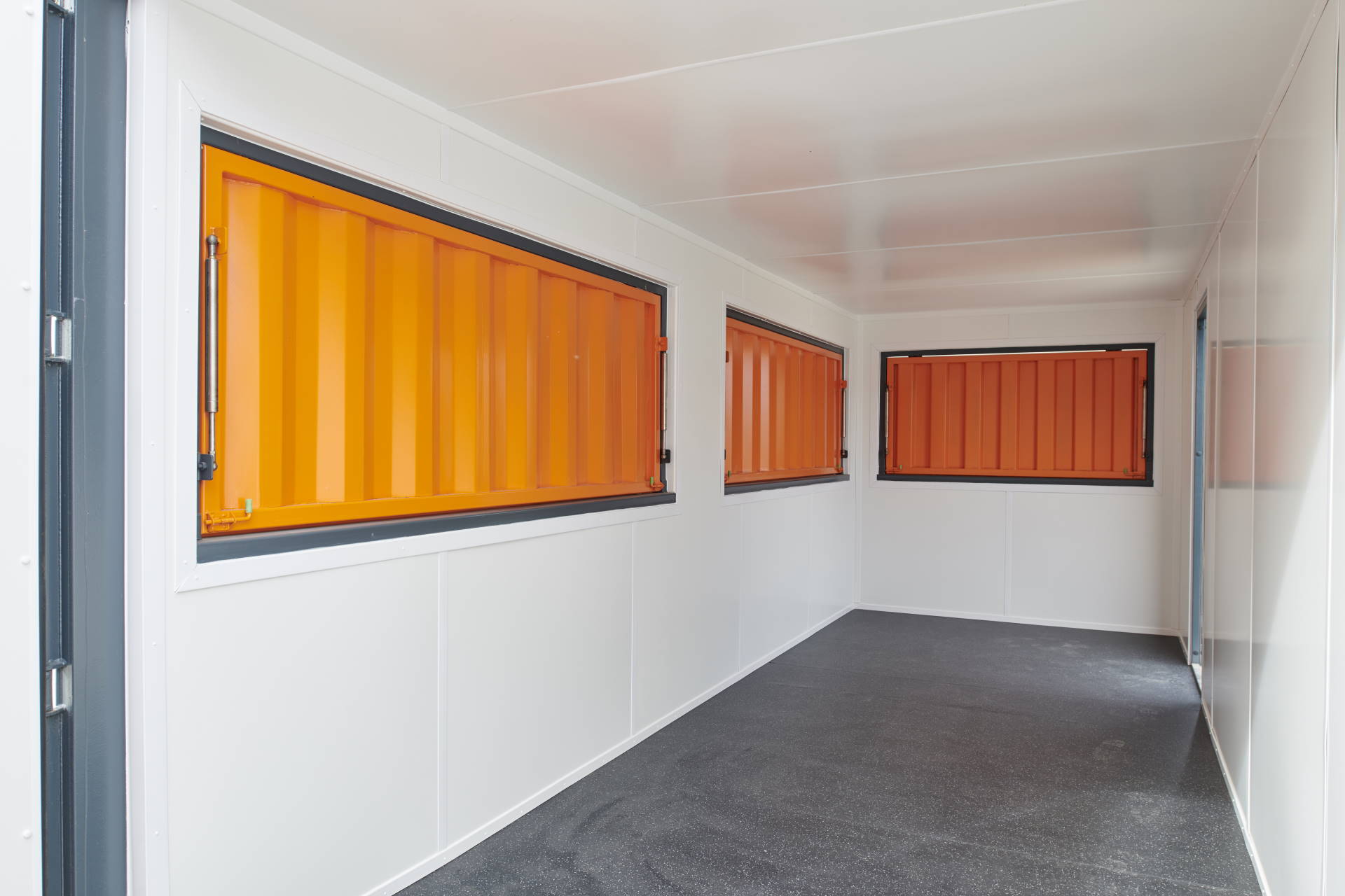 Interior of container cafe with shutters closed