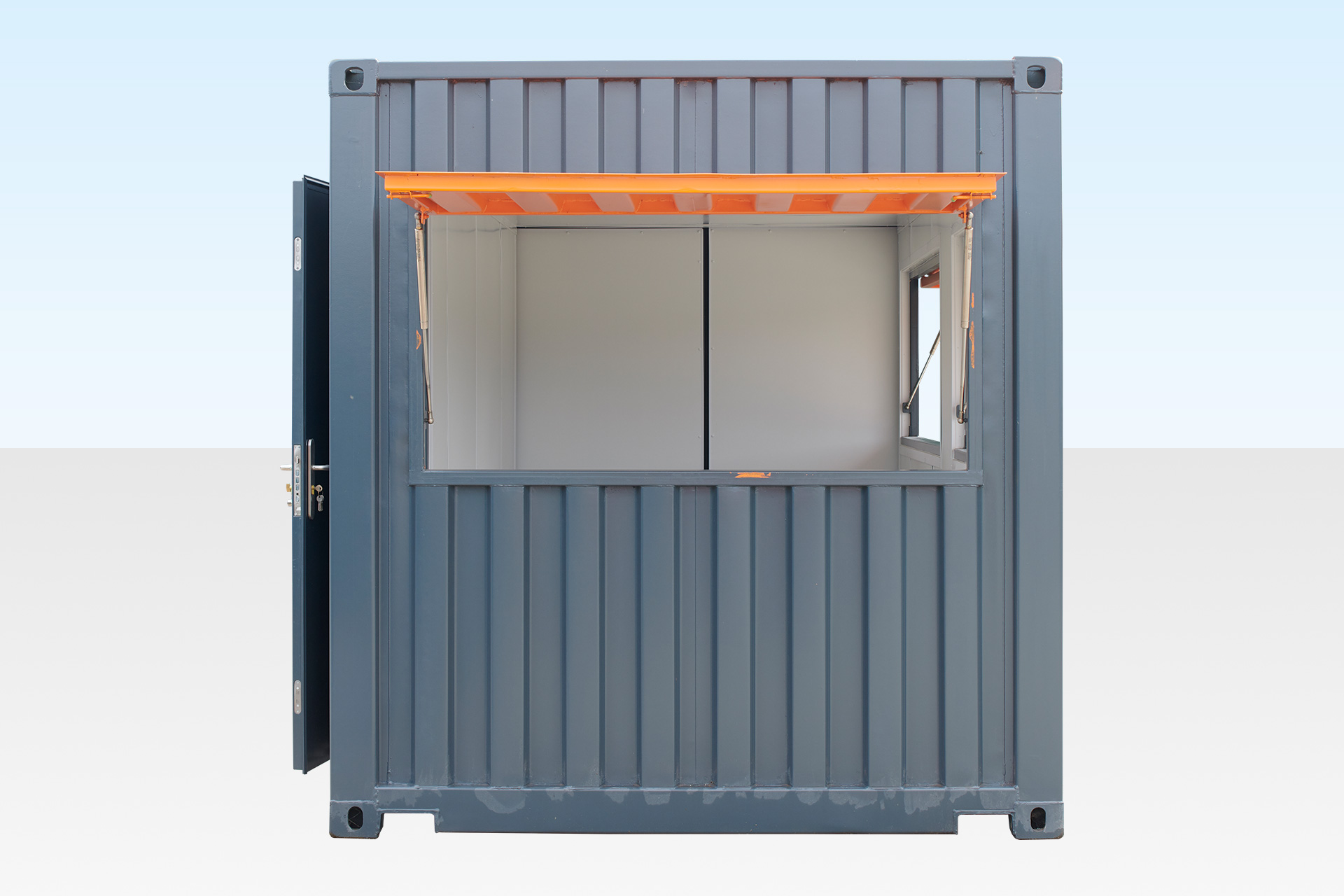 End view of container cafe with serving hatch and door open