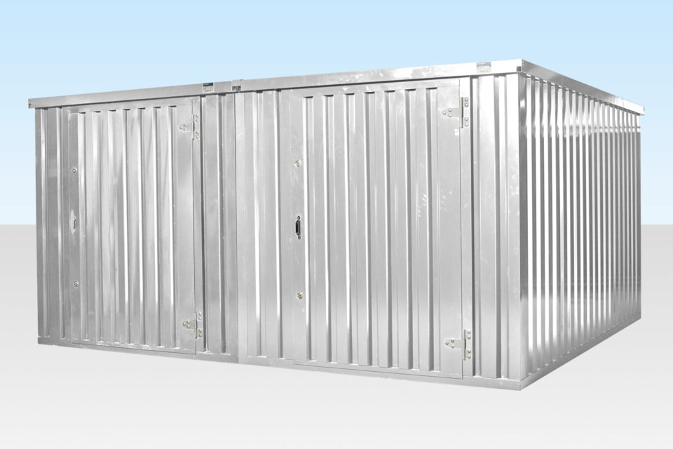 Two flat pack storage containers connected side by side - doors closed