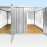Two flat pack containers connected side by side - doors open