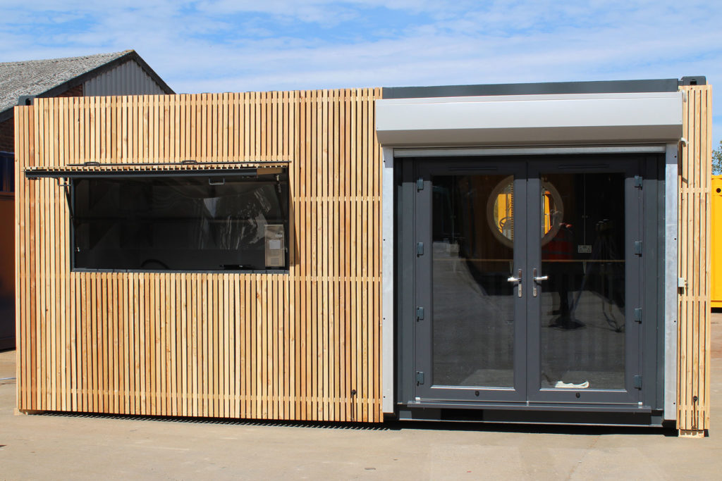 Serving hatch open on converted cafe container