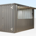 Flat pack serving kiosk with hatch open - grey