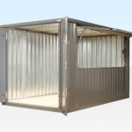 Grey flat pack kiosk with doors and hatch open