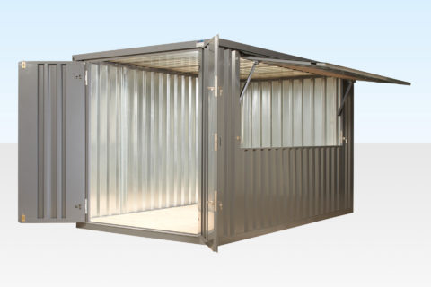 Grey flat pack kiosk with doors and hatch open