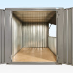 End view of grey flat pack kiosk doors and hatch open