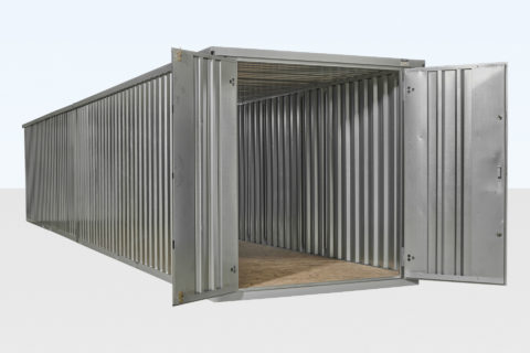 6m end linked flatpack container creating a 12m long storage space. Front doors open.