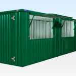 Flat pack kiosk bundle. Two serving kiosks connected side-by-side for larger events. Hatches open.