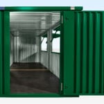 End view of flat pack double serving kiosk with door and hatches open