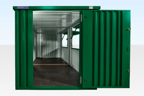 End view of flat pack double serving kiosk with door and hatches open