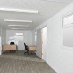 Desks at end of large portable site office