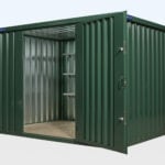 side view of powder coated flatpacked storage container door open and shelving