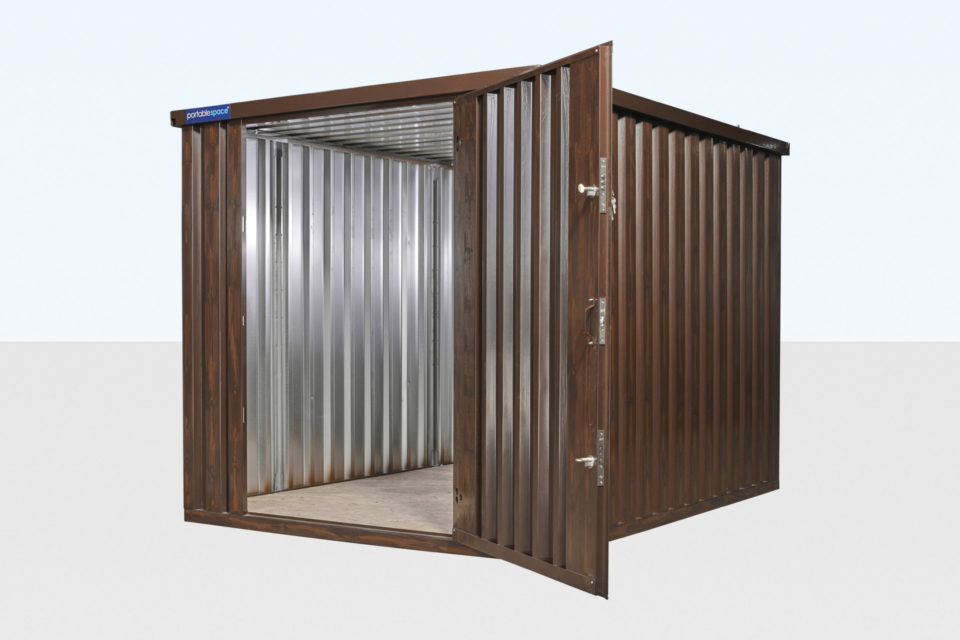 Wood effect flat pack store - door open