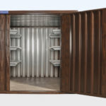 wood effect flatpack container with shelving